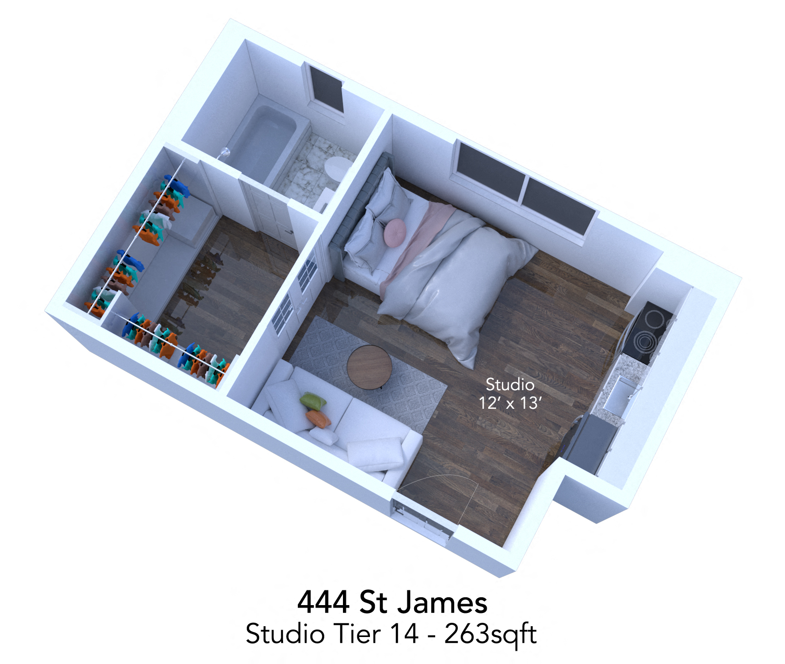 Floor plan for studio, 1 bath, 301 sqft